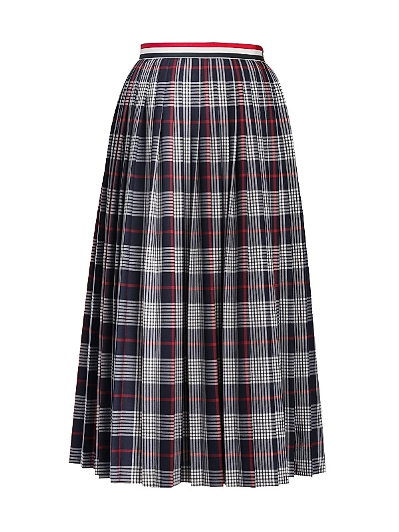 Pleated Calf-Length Hairline Check Skirt