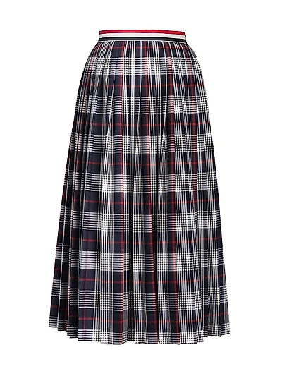 Pleated Calf-Length Hairline Check Skirt