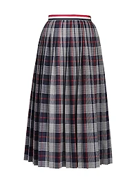 Pleated Calf-Length Hairline Check Skirt