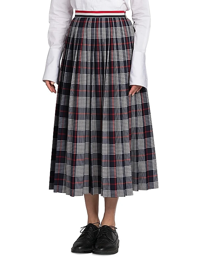 Pleated Calf-Length Hairline Check Skirt