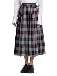 Pleated Calf-Length Hairline Check Skirt