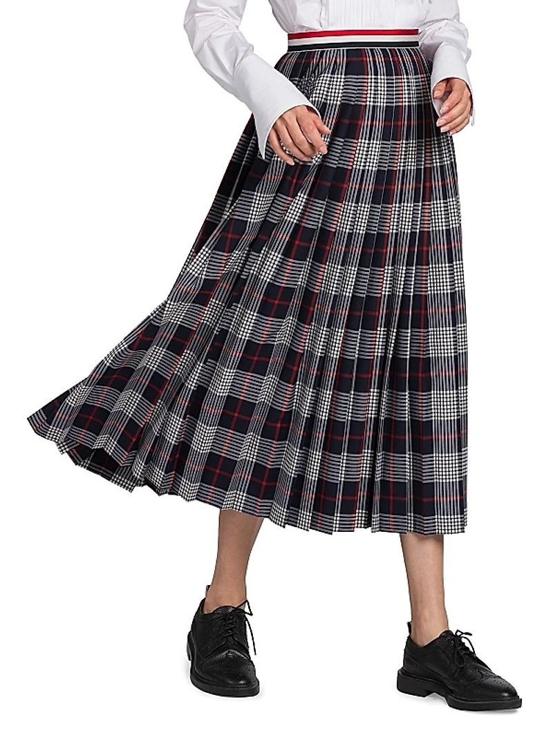 Pleated Calf-Length Hairline Check Skirt