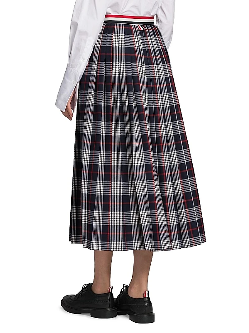 Pleated Calf-Length Hairline Check Skirt