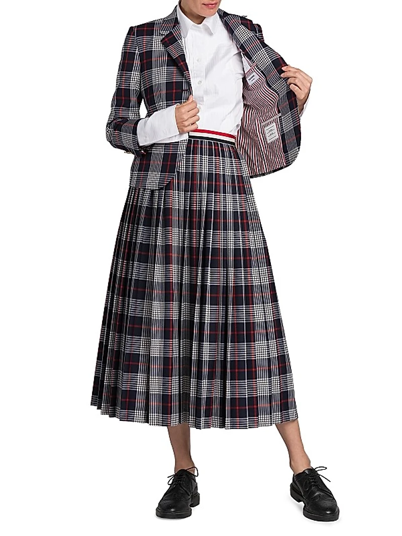 Pleated Calf-Length Hairline Check Skirt