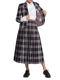 Pleated Calf-Length Hairline Check Skirt