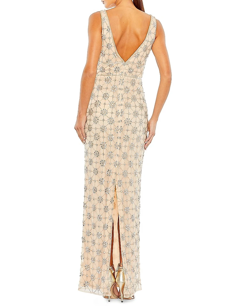 Embellished V-Neck Column Gown