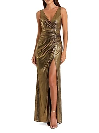 V-Neck Metallic Jersey Gown