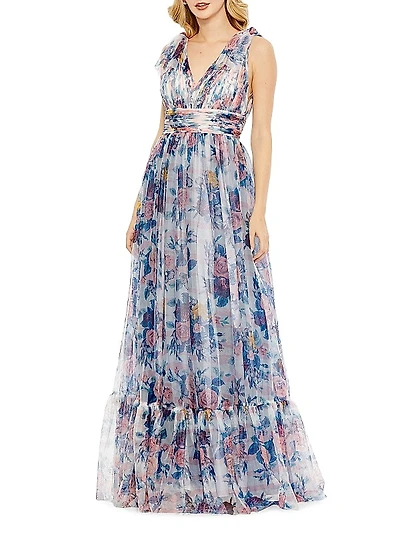 Floral Bow-Shoulder V-Neck Gown