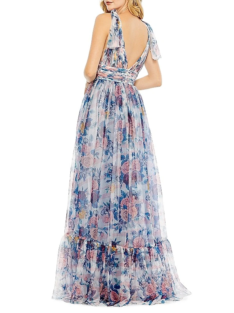 Floral Bow-Shoulder V-Neck Gown