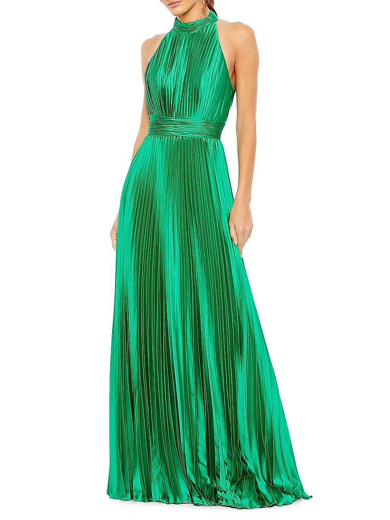 Pleated Satin Halter Gown
