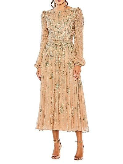 Embellished Long-Sleeve Midi-Dress