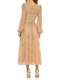 Embellished Long-Sleeve Midi-Dress