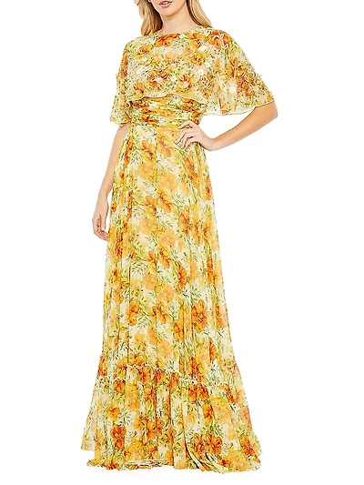 Embellished Floral Cape-Sleeve Gown