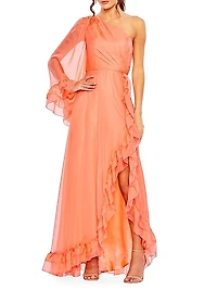 Ieena One-Shoulder Ruffled Gown