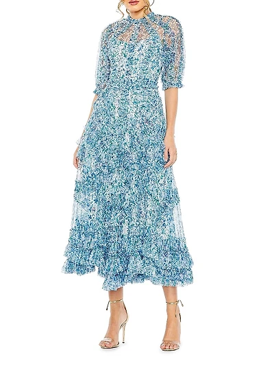 Floral Frill Puff-Sleeve Cocktail Dress