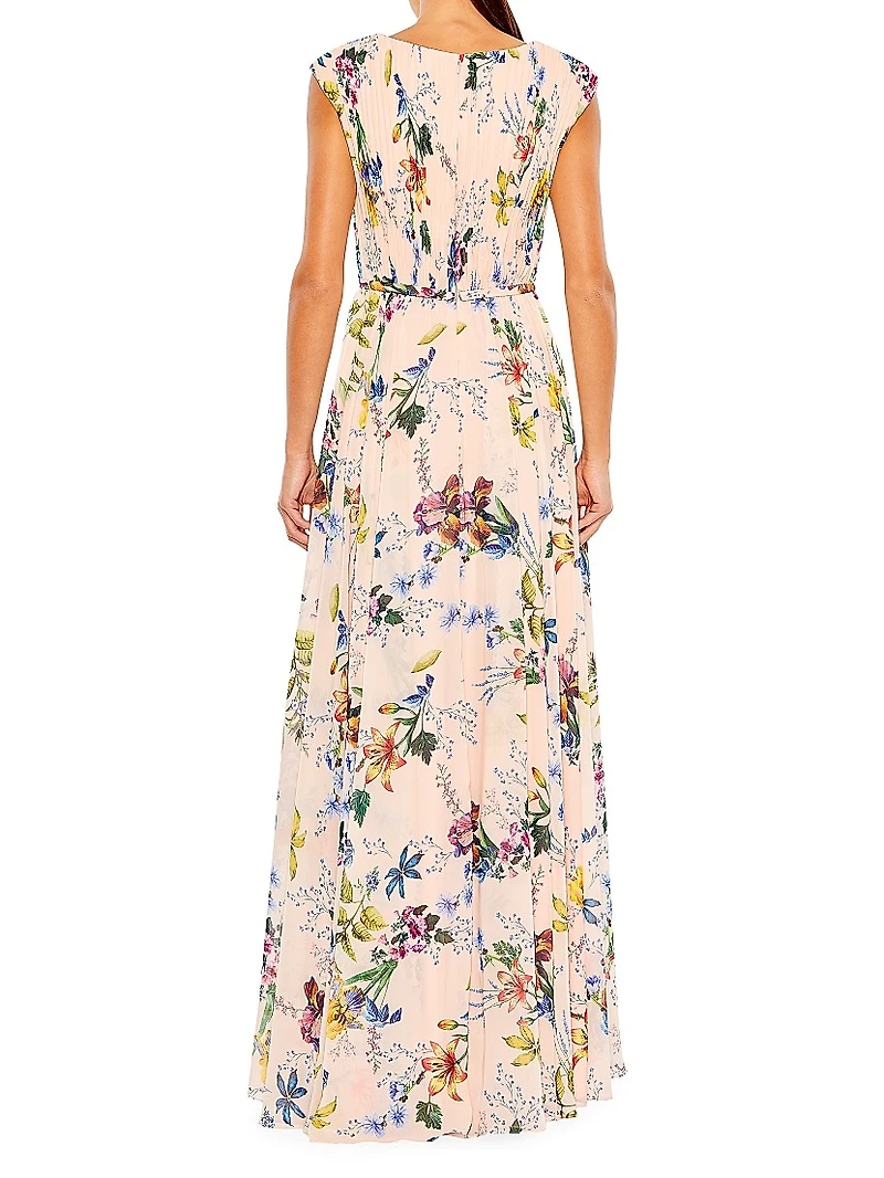 Pleated Floral A-Line Gown
