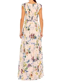 Pleated Floral A-Line Gown