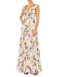 Pleated Floral A-Line Gown