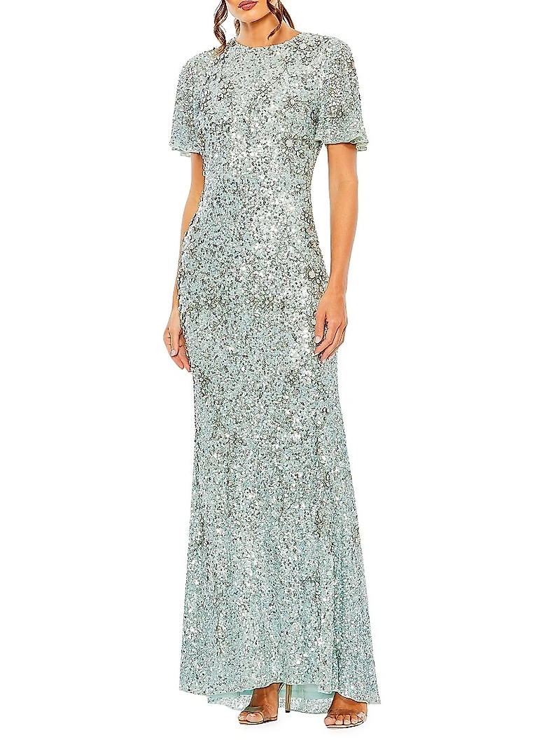 Flutter-Sleeve Sequin Gown
