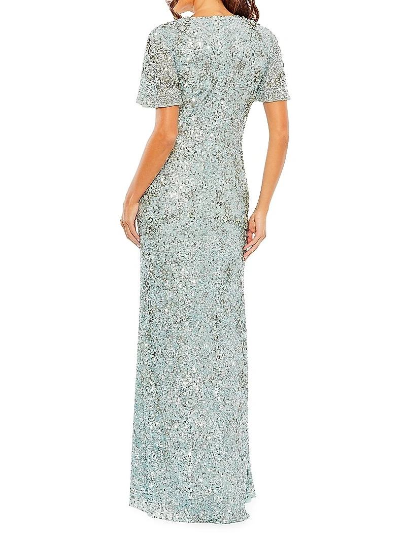 Flutter-Sleeve Sequin Gown