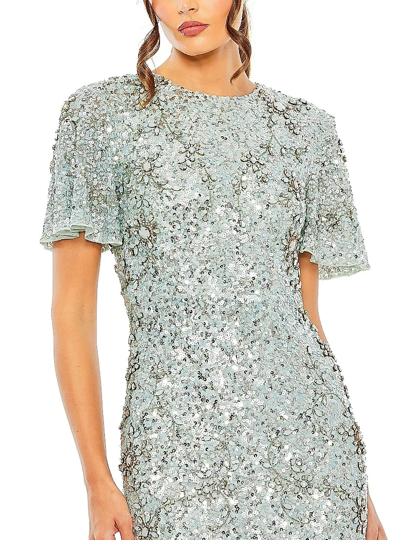 Flutter-Sleeve Sequin Gown