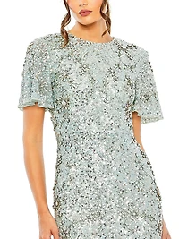 Flutter-Sleeve Sequin Gown