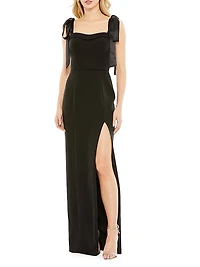 Tie-Shoulder Slit Column Gown