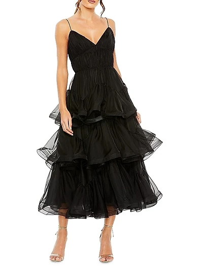 Tiered Ruffled Tulle Midi-Dress