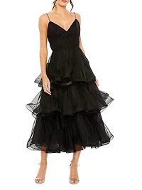 Tiered Ruffled Tulle Midi-Dress