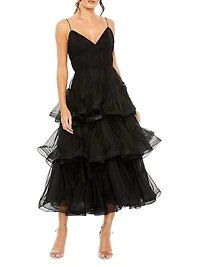 Tiered Ruffled Tulle Midi-Dress