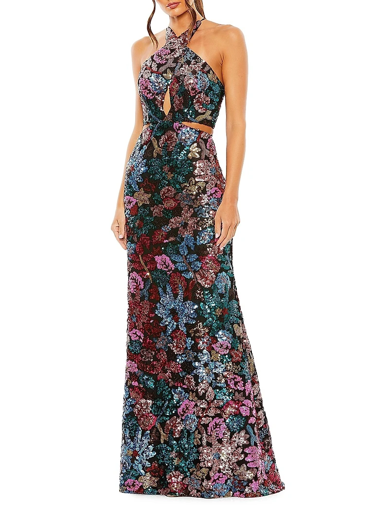 Floral Sequined Cut-Out Halter Gown