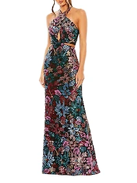 Floral Sequined Cut-Out Halter Gown