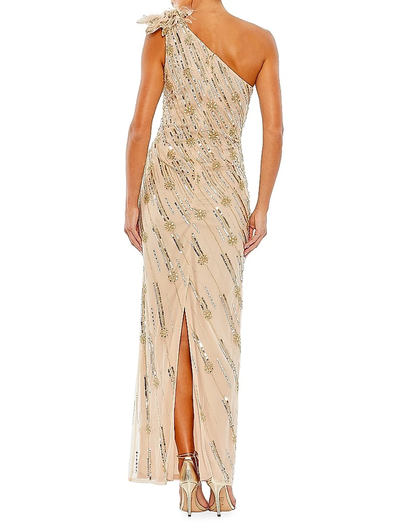 Embellished One-Shoulder Column Gown