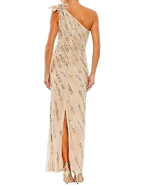 Embellished One-Shoulder Column Gown