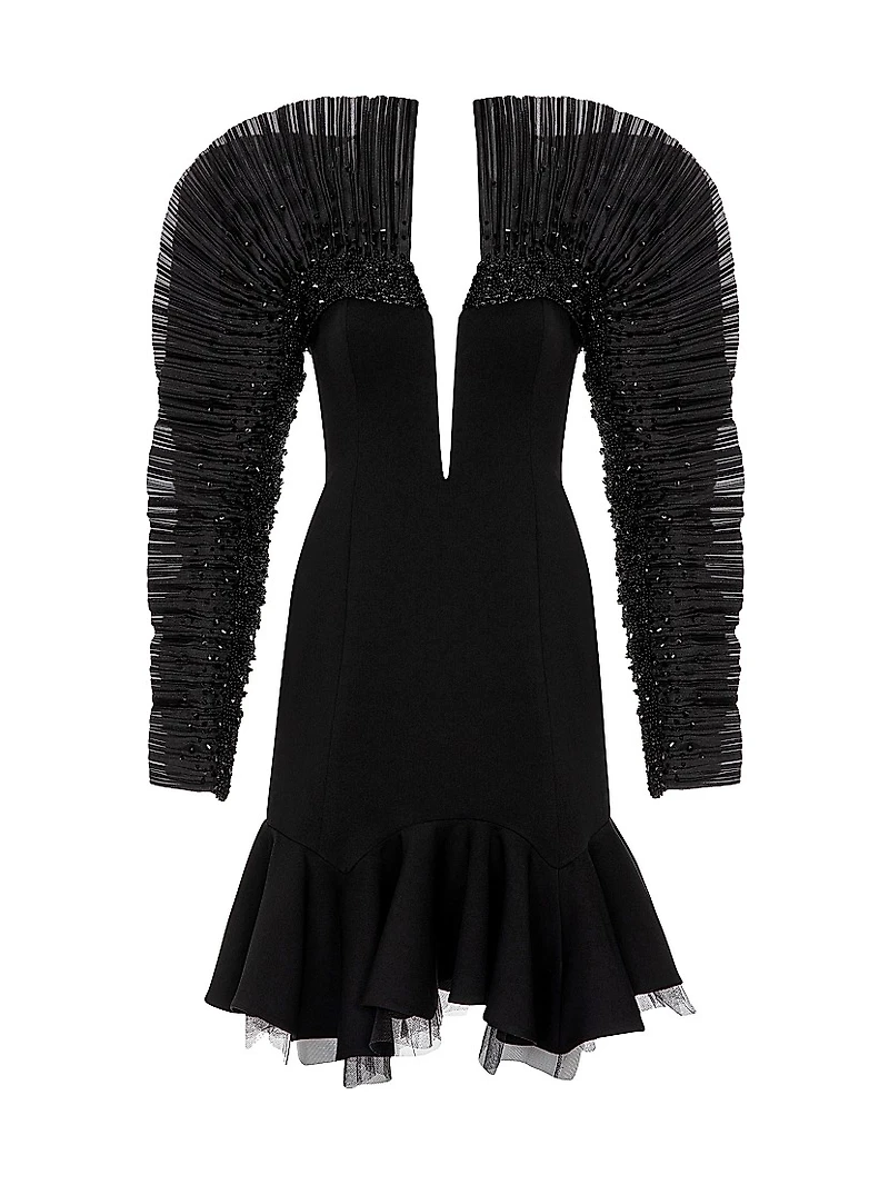 Pleated Sequin-Sleeve Minidress