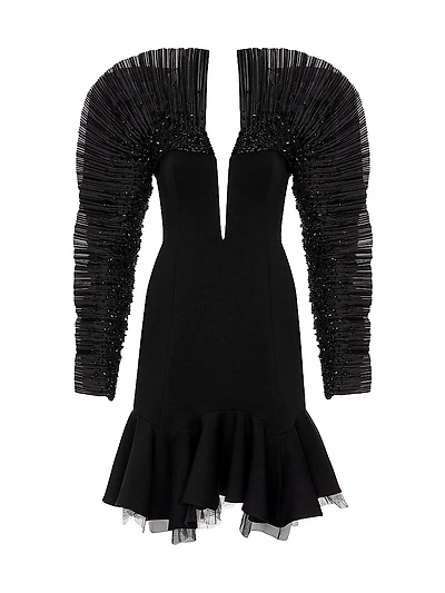 Pleated Sequin-Sleeve Minidress