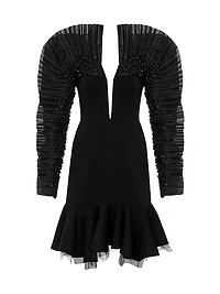 Pleated Sequin-Sleeve Minidress