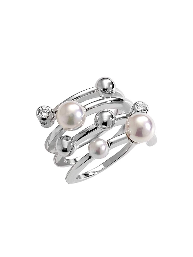 Planet Rhodium-Plated Silver, Cubic Zirconia & Faux White Pearl Spiral Ring