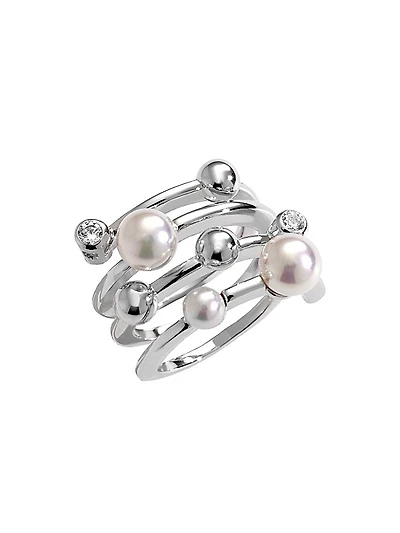 Planet Rhodium-Plated Silver, Cubic Zirconia & Faux White Pearl Spiral Ring