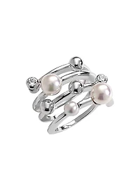 Planet Rhodium-Plated Silver, Cubic Zirconia & Faux White Pearl Spiral Ring
