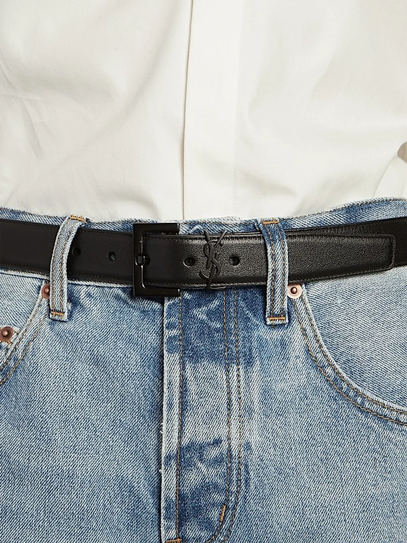 Cassandre Belt with Black Square Buckle in Shiny Box Leather