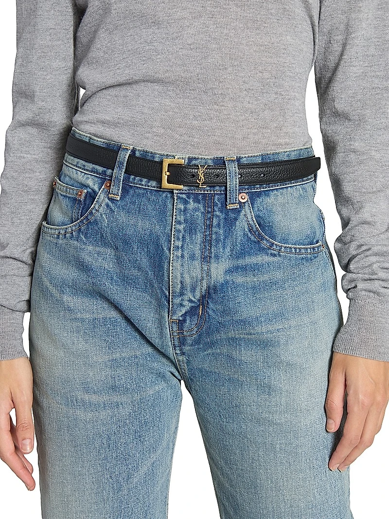Cassandre Thin Belt with Square Buckle Grained Leather