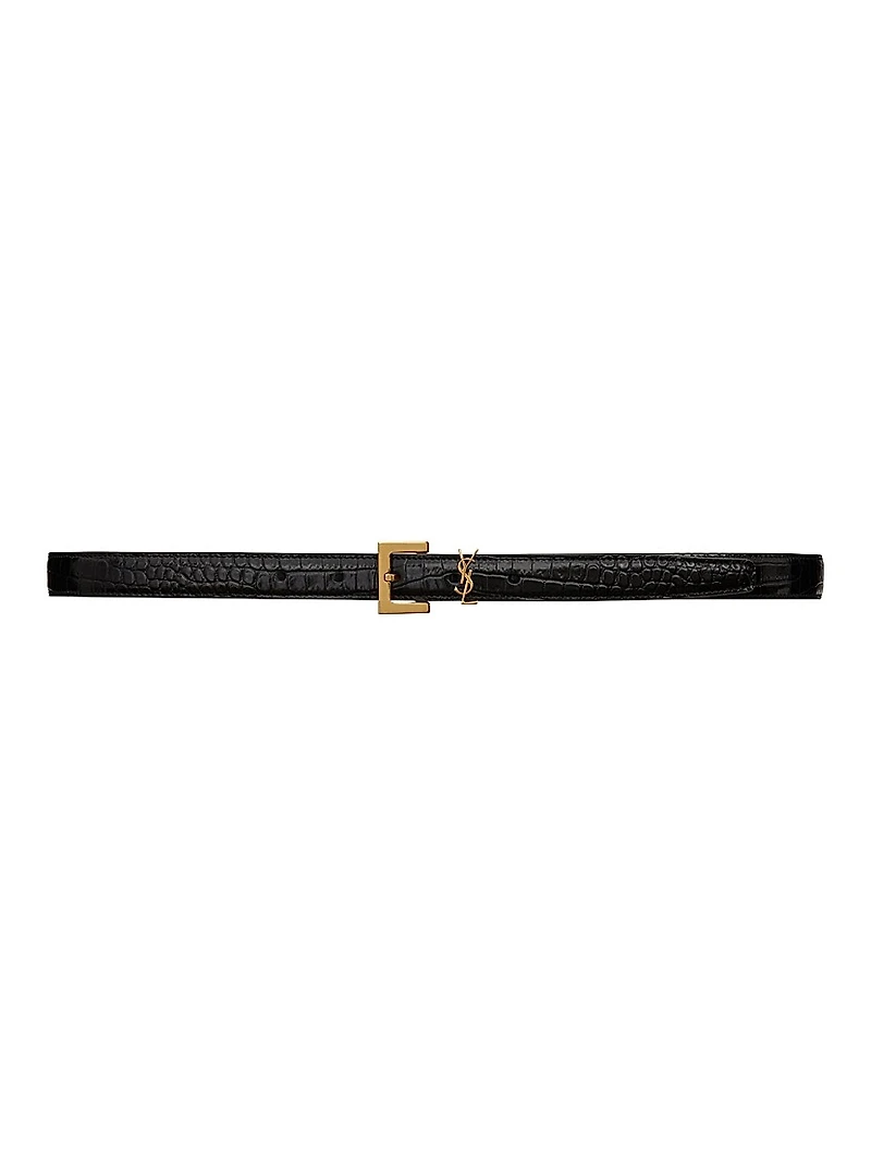Cassandre Thin Belt with Square Buckle Crocodile-Embossed Leather