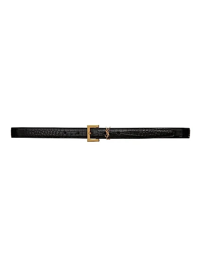Cassandre Thin Belt with Square Buckle Crocodile-Embossed Leather