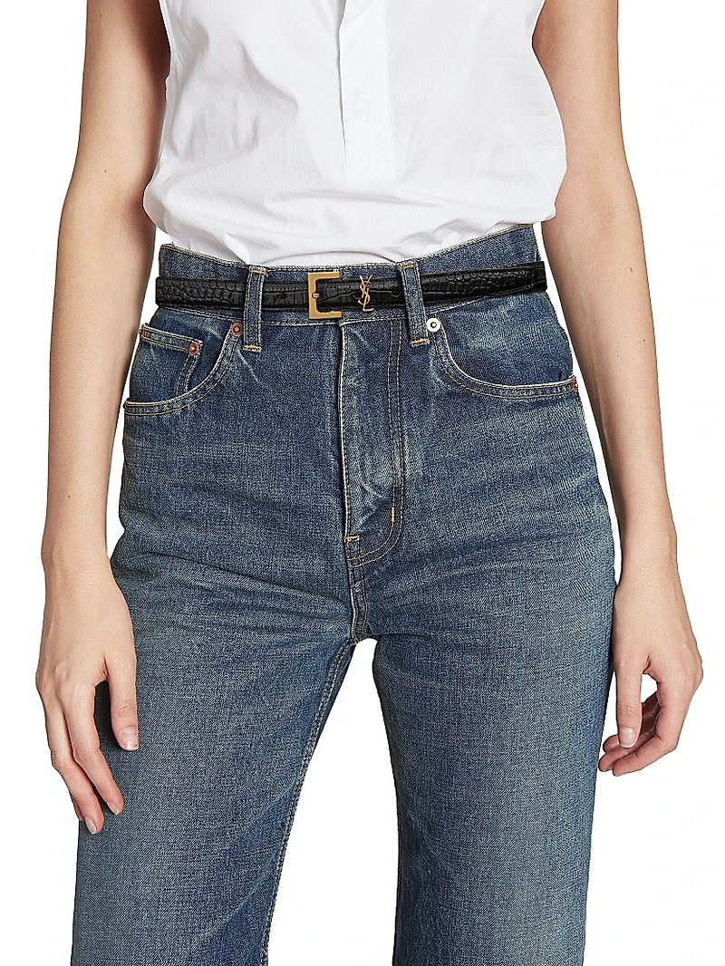 Cassandre Thin Belt with Square Buckle Crocodile-Embossed Leather