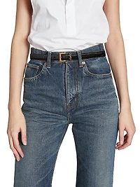 Cassandre Thin Belt with Square Buckle Crocodile-Embossed Leather