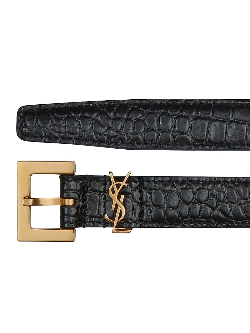 Cassandre Thin Belt with Square Buckle Crocodile-Embossed Leather