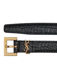 Cassandre Thin Belt with Square Buckle Crocodile-Embossed Leather