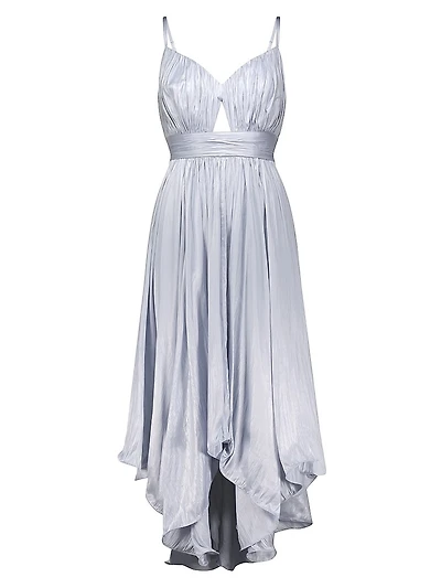 Asymmetric Pleated Satin Midi-Dress