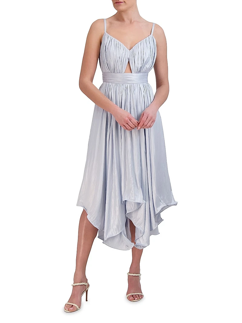 Asymmetric Pleated Satin Midi-Dress